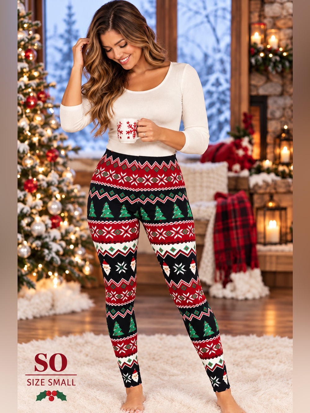 SO Size Small Christmas Holiday Fair Isle Leggings Santa Trees Snowflake